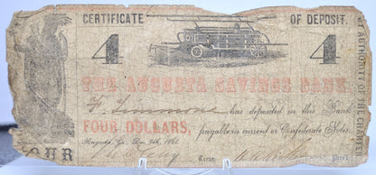 1861 Augusta Savings Bank 4 Dollar Deposit Note - Rare Denomination - Georgia Obsolete Currency - 1861 Georgia Four Dollars Obsolete Note