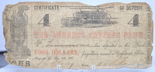 1861 Augusta Savings Bank 4 Dollar Deposit Note - Rare Denomination - Georgia Obsolete Currency - 1861 Georgia Four Dollars Obsolete Note
