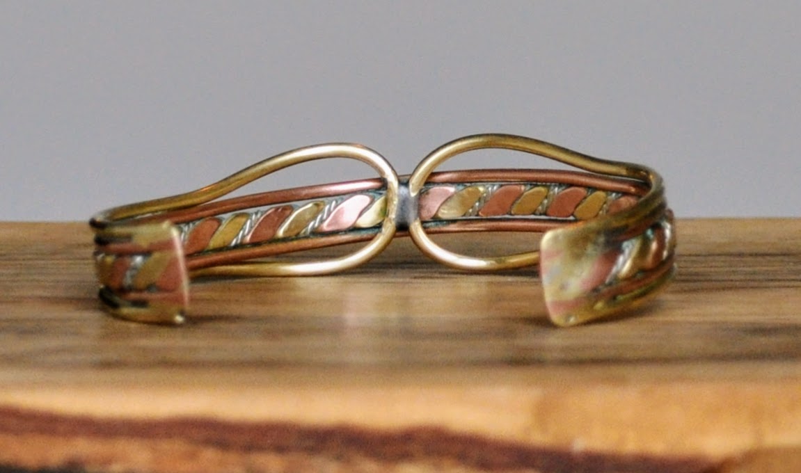 Amazing Tri-Color Brass Copper Silver Hammered Braid Cuff Bracelet - 6.5" Length - Vintage Multi-Metal Twisted Design Open Cuff