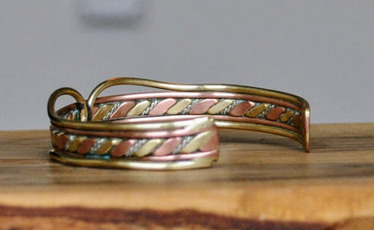 Amazing Tri-Color Brass Copper Silver Hammered Braid Cuff Bracelet - 6.5" Length - Vintage Multi-Metal Twisted Design Open Cuff