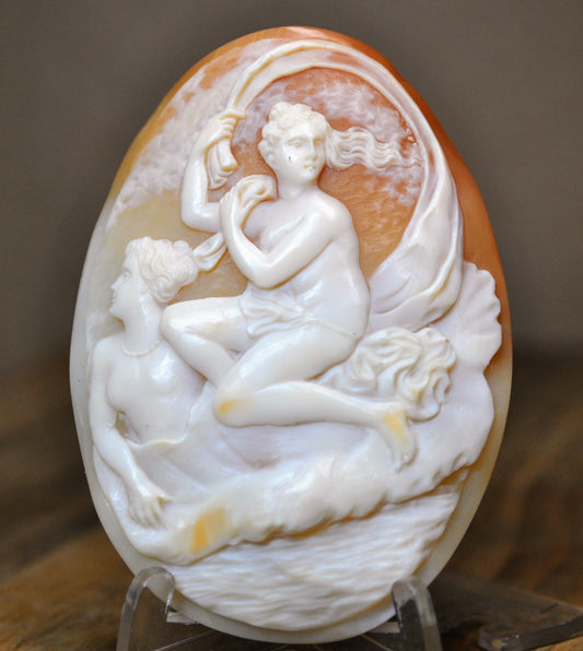 Authentic Victorian Unmounted Cameo Psyche and Aphrodite Greek Mythology Scene - Large Antique 1800s Psyche and Venus Flying Shell Cameo