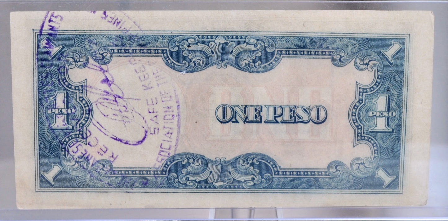 1943 Philippines Japanese Government 1 Peso Note - WW2 Japan Occupation - JAPWANCAP Stamped - 1943 Filipino One Peso Stamped Note - P#109a
