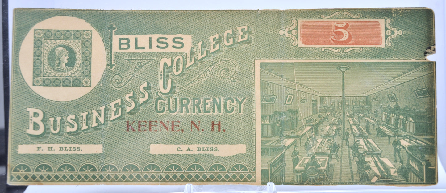 1890s Bliss Business College Currency 5 Dollar Note - Keene, NH - Almost Uncirculated (AU) - Bliss Business College Five Dollars Trade Note