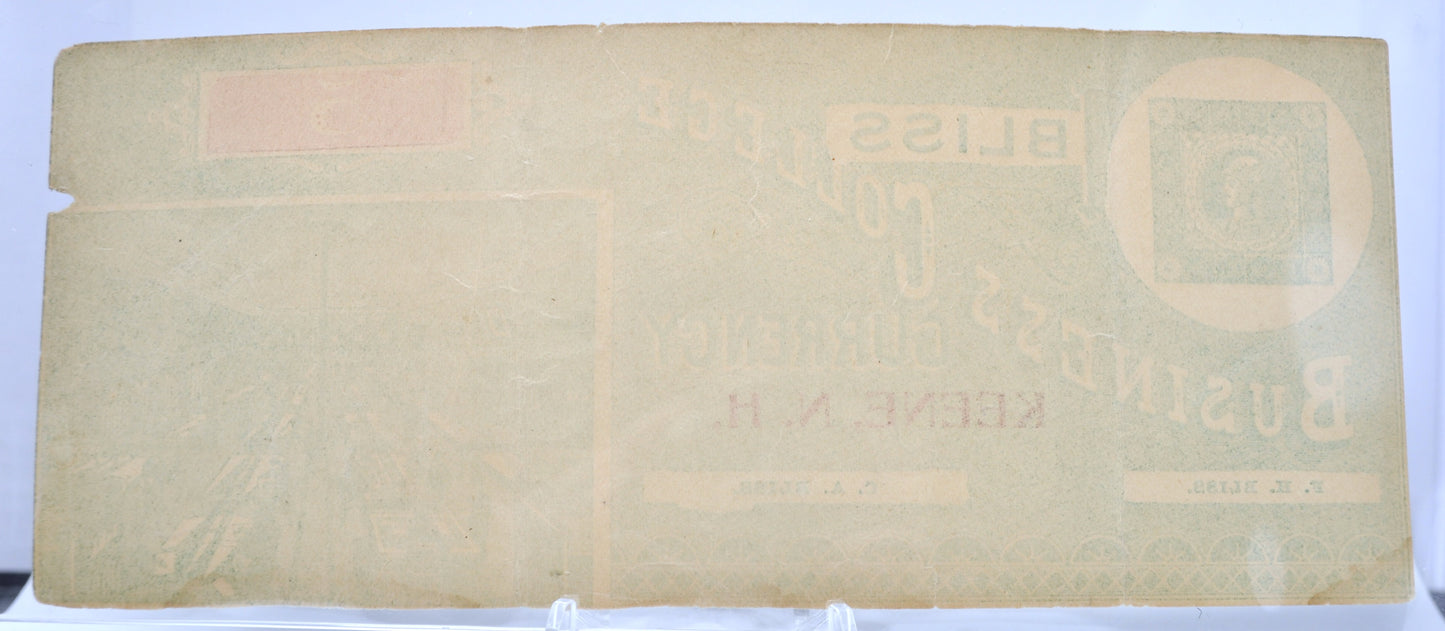 1890s Bliss Business College Currency 5 Dollar Note - Keene, NH - Almost Uncirculated (AU) - Bliss Business College Five Dollars Trade Note