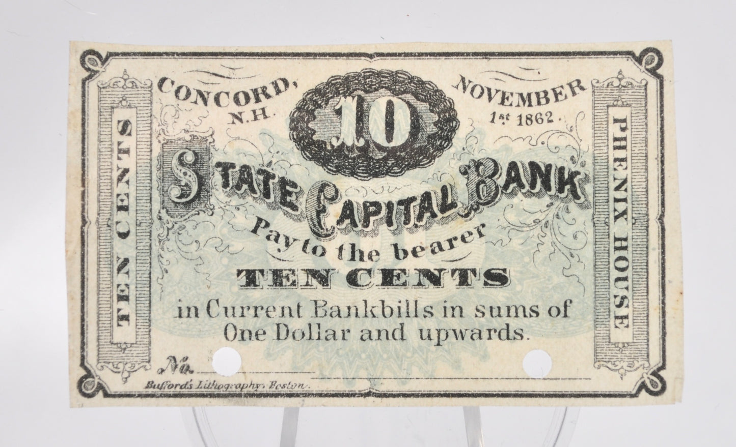 RARE 1862 Phenix House (Hotel) 10 Cents Merchant Scrip Note - Very Scarce Type; Phenix House Variety - 1862 Concord NH Ten Cent Banknote