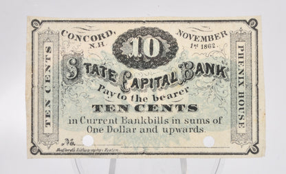 RARE 1862 Phenix House (Hotel) 10 Cents Merchant Scrip Note - Very Scarce Type; Phenix House Variety - 1862 Concord NH Ten Cent Banknote