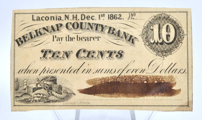 RARE 1862 Laconia NH Belknap County Bank 10 Cents Merchant Scrip - Black Cancellation Mark - New Hampshire Ten Cent Remainder Merchant Note