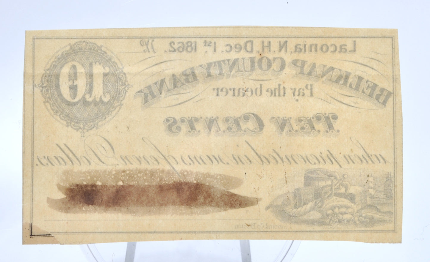 RARE 1862 Laconia NH Belknap County Bank 10 Cents Merchant Scrip - Black Cancellation Mark - New Hampshire Ten Cent Remainder Merchant Note