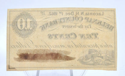 RARE 1862 Laconia NH Belknap County Bank 10 Cents Merchant Scrip - Black Cancellation Mark - New Hampshire Ten Cent Remainder Merchant Note