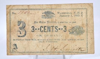 RARE 1863 Wakefield NH S. H. Smith 3 Cents Merchant Scrip - Rare Merchant Signature - New Hampshire Obsolete Three Cent Merchant Note