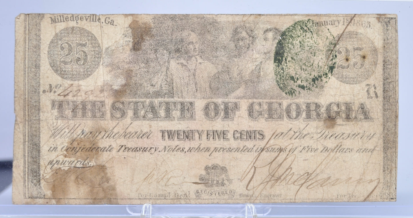 1863 State of Georgia 25 Cents Milledgeville Issue Obsolete Note - Confederate Currency - 1863 Georgia Twenty-Five Cents Fractional Note