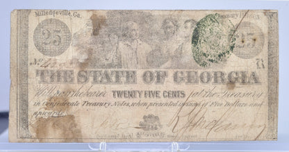 1863 State of Georgia 25 Cents Milledgeville Issue Obsolete Note - Confederate Currency - 1863 Georgia Twenty-Five Cents Fractional Note