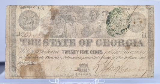 1863 State of Georgia 25 Cents Milledgeville Issue Obsolete Note - Confederate Currency - 1863 Georgia Twenty-Five Cents Fractional Note