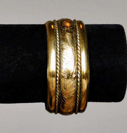 Stunning Raw Brass Floral Etched Open Cuff Bracelet - 6.25" Length - Vintage Brass Hammered Floral Braid Design Cuff