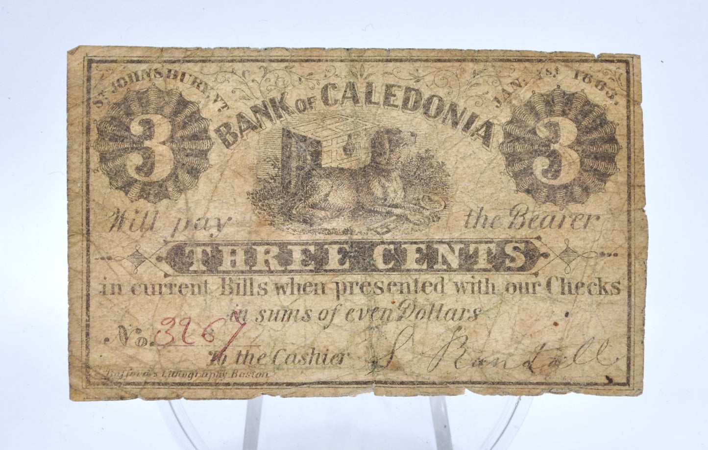 1863 S. Randall / Bank of Caledonia 3 Cents Merchant Scrip Note - St. Johnsbury Vermont - 1863 Vermont Merchant Three Cent Obsolete Note