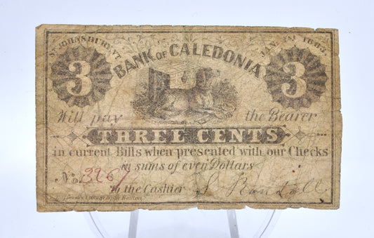 1863 S. Randall / Bank of Caledonia 3 Cents Merchant Scrip Note - St. Johnsbury Vermont - 1863 Vermont Merchant Three Cent Obsolete Note