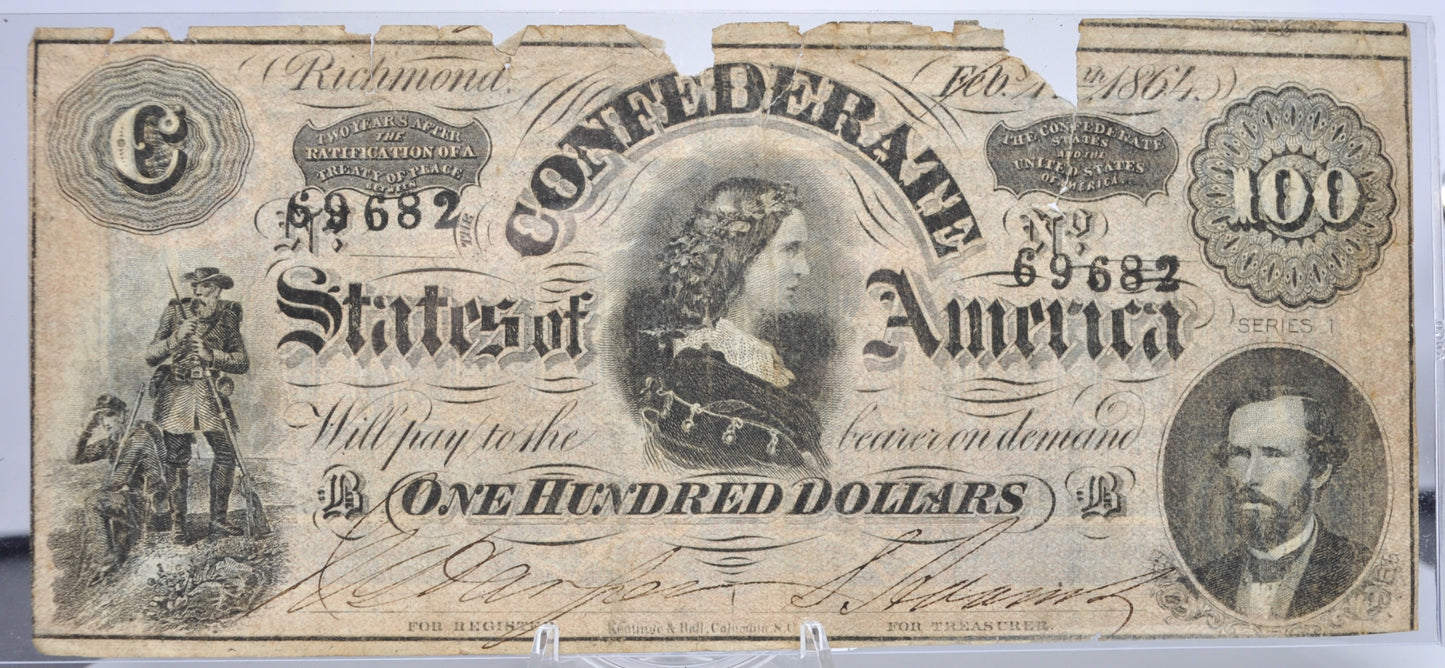1864 Confederate States of America 100 Dollar Note - Very Fine (VF), Margin Tears - 1864 One Hundred Dollar Confederacy Note - CS-65/T-65