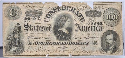 1864 Confederate States of America 100 Dollar Note - Very Fine (VF), Margin Tears - 1864 One Hundred Dollar Confederacy Note - CS-65/T-65