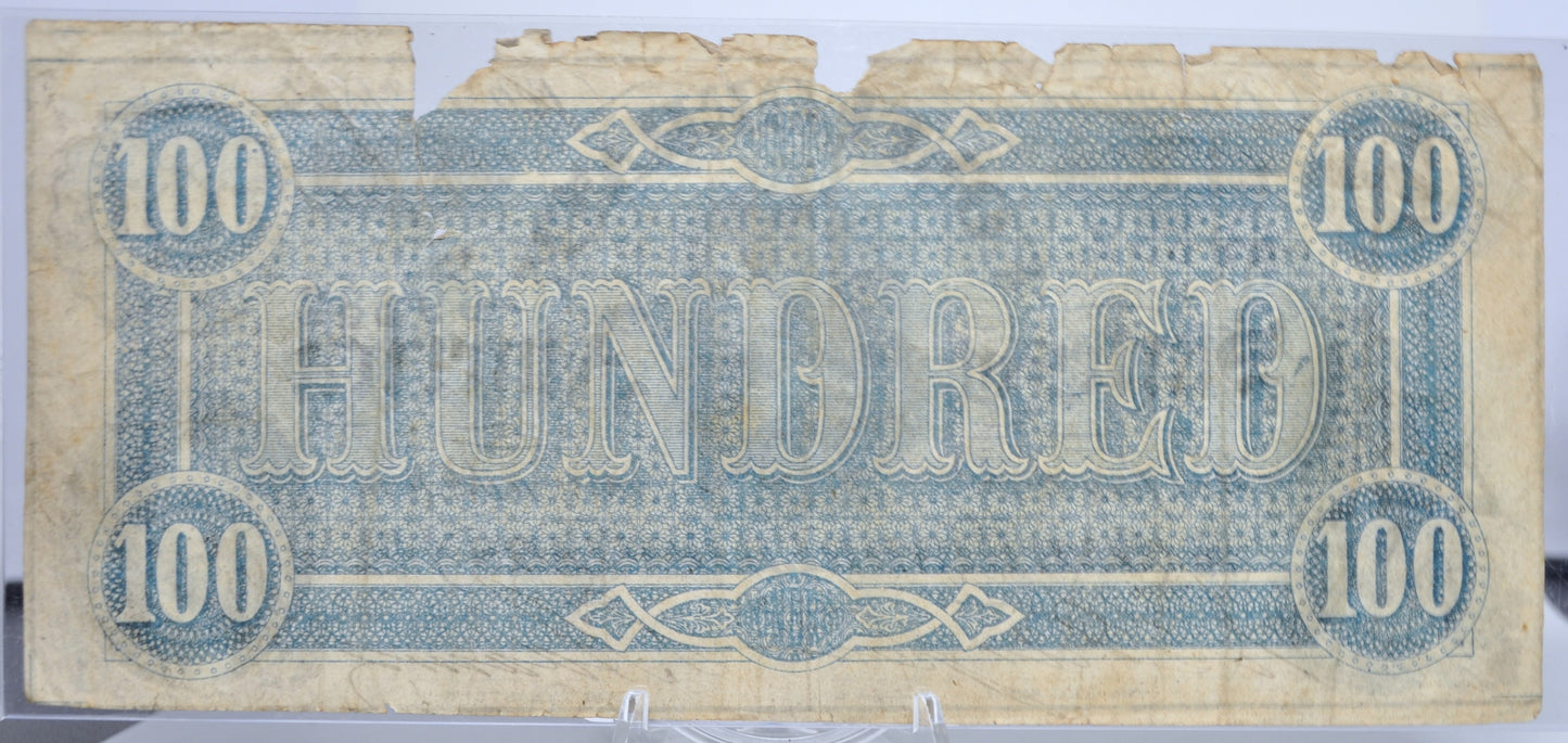 1864 Confederate States of America 100 Dollar Note - Very Fine (VF), Margin Tears - 1864 One Hundred Dollar Confederacy Note - CS-65/T-65