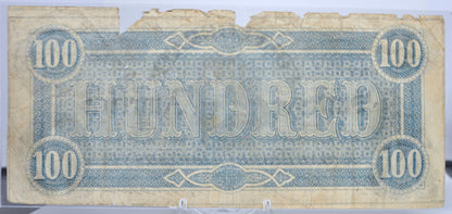 1864 Confederate States of America 100 Dollar Note - Very Fine (VF), Margin Tears - 1864 One Hundred Dollar Confederacy Note - CS-65/T-65