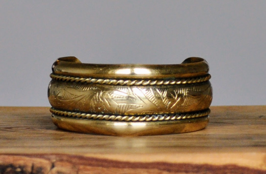 Stunning Raw Brass Floral Etched Open Cuff Bracelet - 6.25" Length - Vintage Brass Hammered Floral Braid Design Cuff