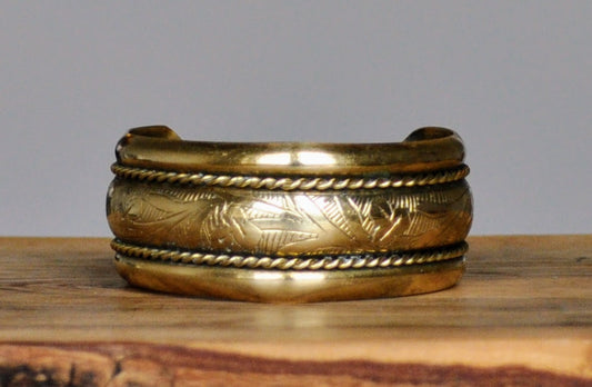 Stunning Raw Brass Floral Etched Open Cuff Bracelet - 6.25" Length - Vintage Brass Hammered Floral Braid Design Cuff