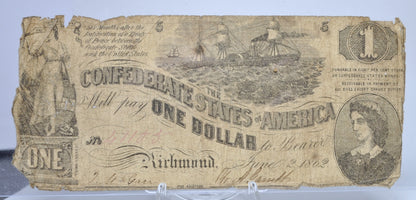1862 Confederate States 1 Dollar Banknote - 2nd Series, No Overprint - Rarer Early CSA Note - 1862 Confederacy One Dollar Note - T-44/CS-44