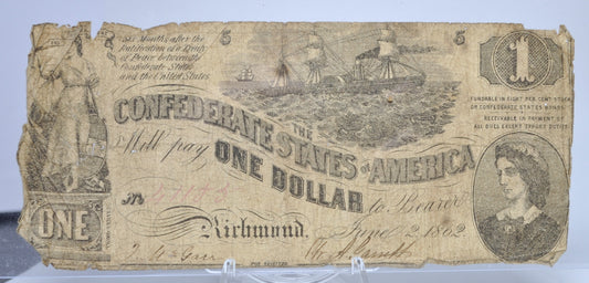 1862 Confederate States 1 Dollar Banknote - 2nd Series, No Overprint - Rarer Early CSA Note - 1862 Confederacy One Dollar Note - T-44/CS-44