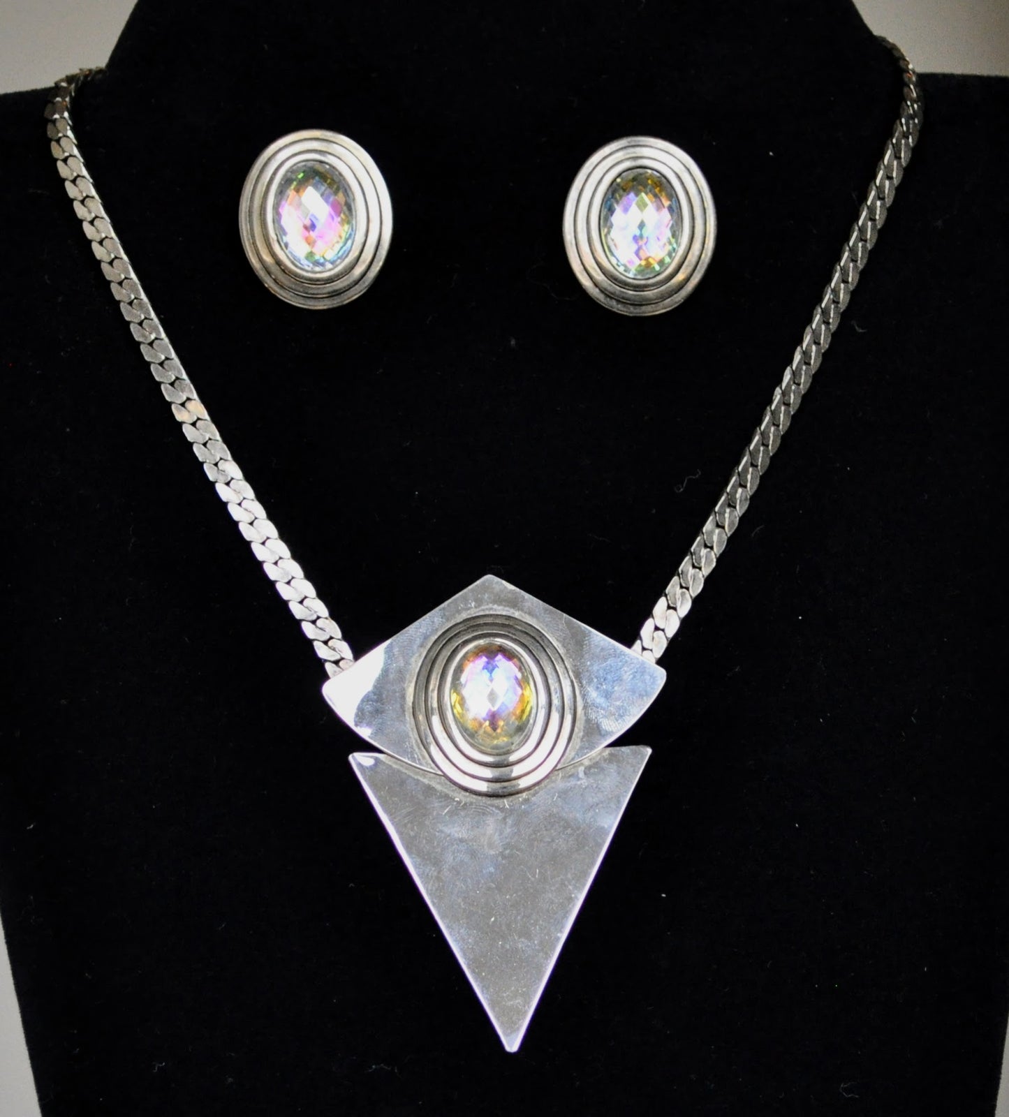 Designer Steve Sasco Silver-Plated Art Nouveau Iridescent Gem Necklace and Earrings Set - Baguette Chain Necklace - 21" Length