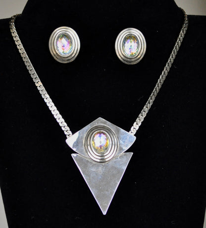 Designer Steve Sasco Silver-Plated Art Nouveau Iridescent Gem Necklace and Earrings Set - Baguette Chain Necklace - 21" Length