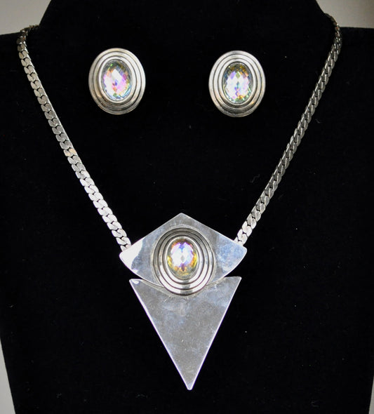Designer Steve Sasco Silver-Plated Art Nouveau Iridescent Gem Necklace and Earrings Set - Baguette Chain Necklace - 21" Length