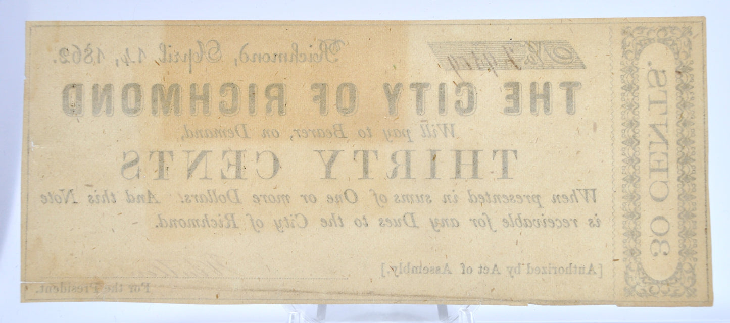 1862 City of Richmond 30 Cent Note - With Collectors Catalog Clipping - Virginia Obsolete Note - 1862 Virginia Thirty Cents Fractional Note