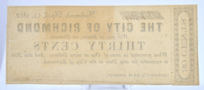 1862 City of Richmond 30 Cent Note - With Collectors Catalog Clipping - Virginia Obsolete Note - 1862 Virginia Thirty Cents Fractional Note