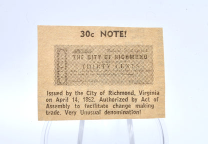 1862 City of Richmond 30 Cent Note - With Collectors Catalog Clipping - Virginia Obsolete Note - 1862 Virginia Thirty Cents Fractional Note