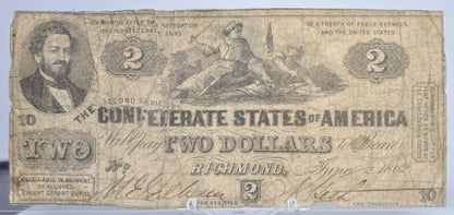 1862 Confederate States 2 Dollar Banknote - 2nd Series, No Overprint - Rarer Early CSA Note - 1862 Confederacy Two Dollars Note - T-42/CS-42