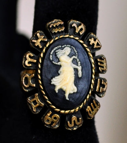 Beautiful Faux Cameo Zodiac Sign Virgo Costume Ring - Size 7.5, Adjustable Band - Vintage Brass Tone Astrology Virgo Cameo Statement Ring