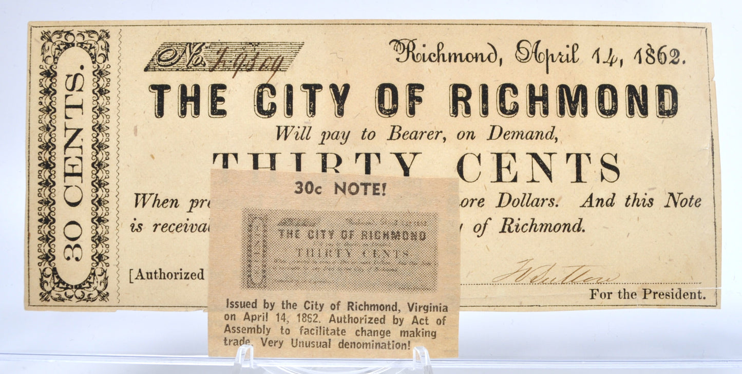 1862 City of Richmond 30 Cent Note - With Collectors Catalog Clipping - Virginia Obsolete Note - 1862 Virginia Thirty Cents Fractional Note