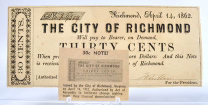 1862 City of Richmond 30 Cent Note - With Collectors Catalog Clipping - Virginia Obsolete Note - 1862 Virginia Thirty Cents Fractional Note