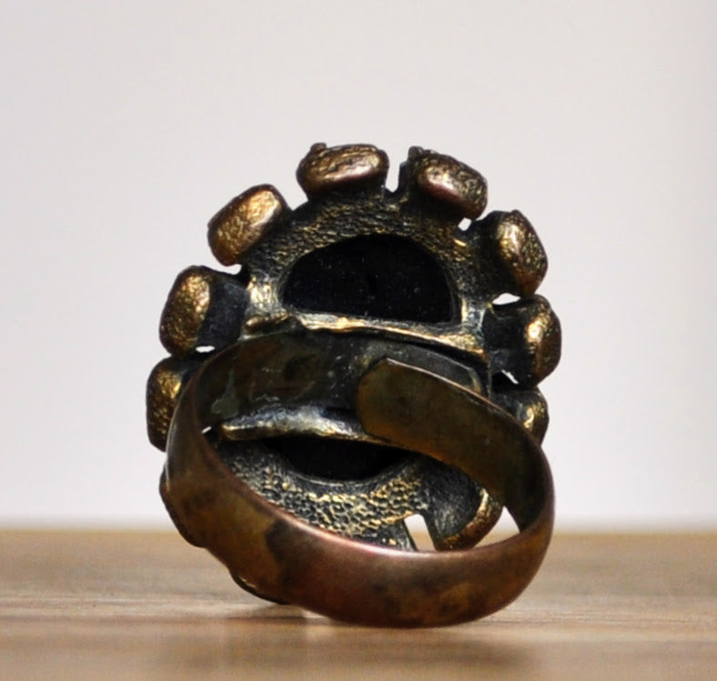 Beautiful Faux Cameo Zodiac Sign Virgo Costume Ring - Size 7.5, Adjustable Band - Vintage Brass Tone Astrology Virgo Cameo Statement Ring