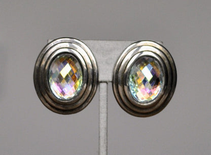 Designer Steve Sasco Silver-Plated Art Nouveau Iridescent Gem Necklace and Earrings Set - Baguette Chain Necklace - 21" Length