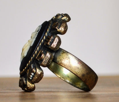 Beautiful Faux Cameo Zodiac Sign Virgo Costume Ring - Size 7.5, Adjustable Band - Vintage Brass Tone Astrology Virgo Cameo Statement Ring