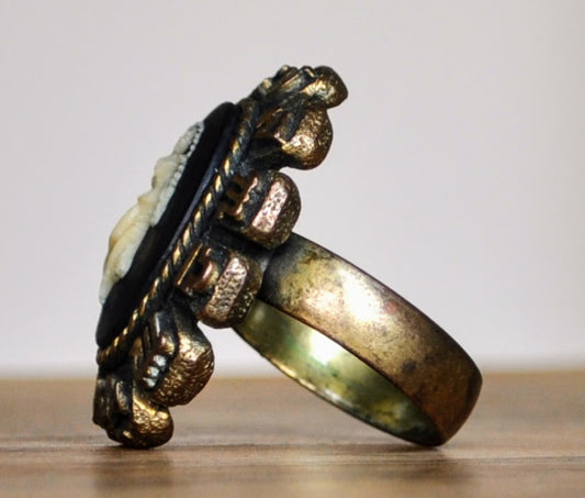 Beautiful Faux Cameo Zodiac Sign Virgo Costume Ring - Size 7.5, Adjustable Band - Vintage Brass Tone Astrology Virgo Cameo Statement Ring