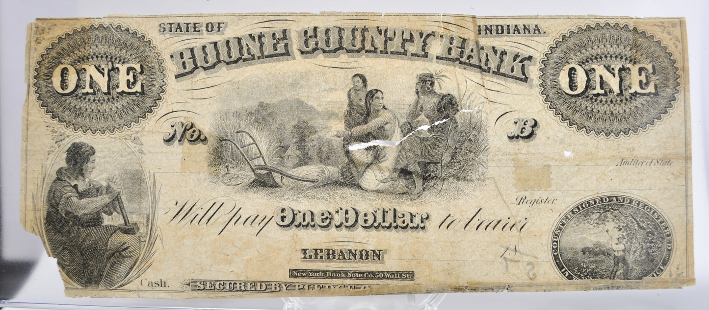 Rare 1800s Boone County Bank Indiana 1 Dollar Note - Scarce Remainder Note - 1860s Lebanon Indiana One Dollar Banknote