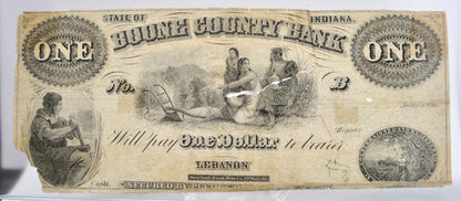 Rare 1800s Boone County Bank Indiana 1 Dollar Note - Scarce Remainder Note - 1860s Lebanon Indiana One Dollar Banknote