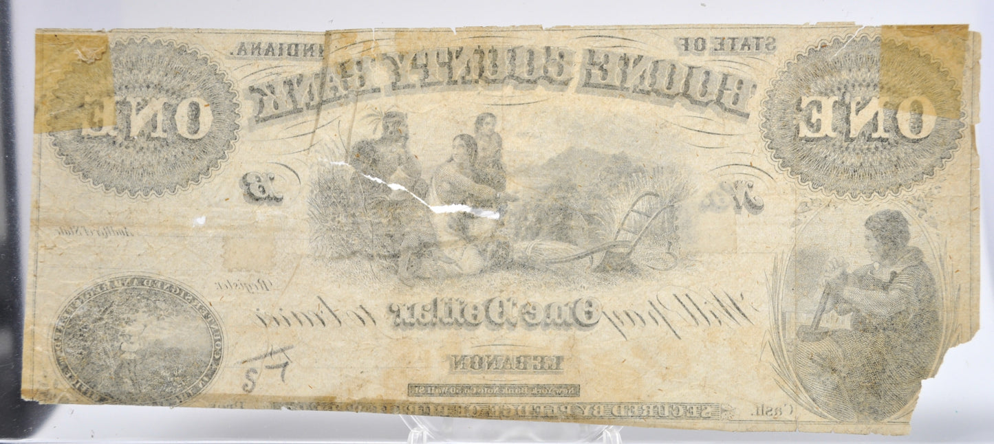 Rare 1800s Boone County Bank Indiana 1 Dollar Note - Scarce Remainder Note - 1860s Lebanon Indiana One Dollar Banknote
