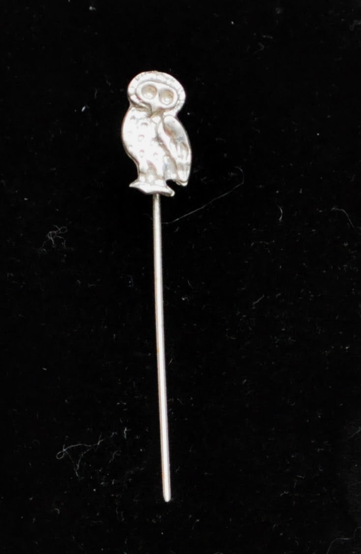 Beautiful Sterling Silver Perched Owl Hat Stick Pin - Flat Owl Design - Vintage 925 Sterling Silver Athena Wisdom Owl Stick Pin