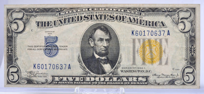 1934-A 5 Dollar North Africa Silver Certificate Yellow Seal - Extremely Fine (XF) - 1934 North Africa Five Dollar Silver Cert - Fr#2307