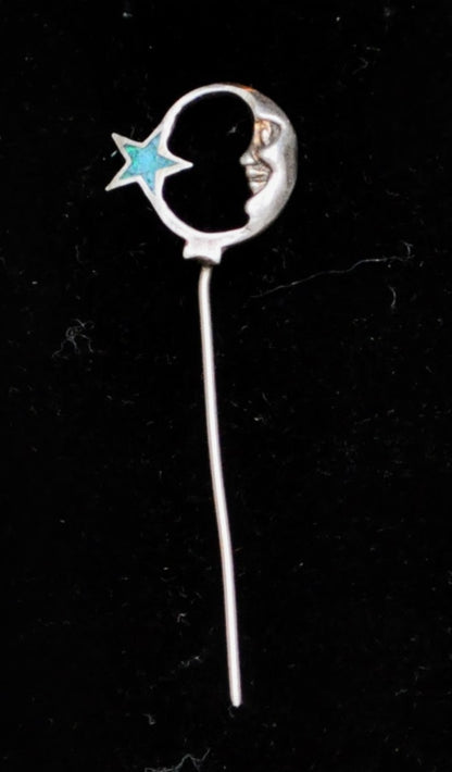 Stunning Sterling Silver Crushed Turquoise Crescent Moon and Star Hat Stick Pin - Vintage 925 Silver Celestial Stick Pin