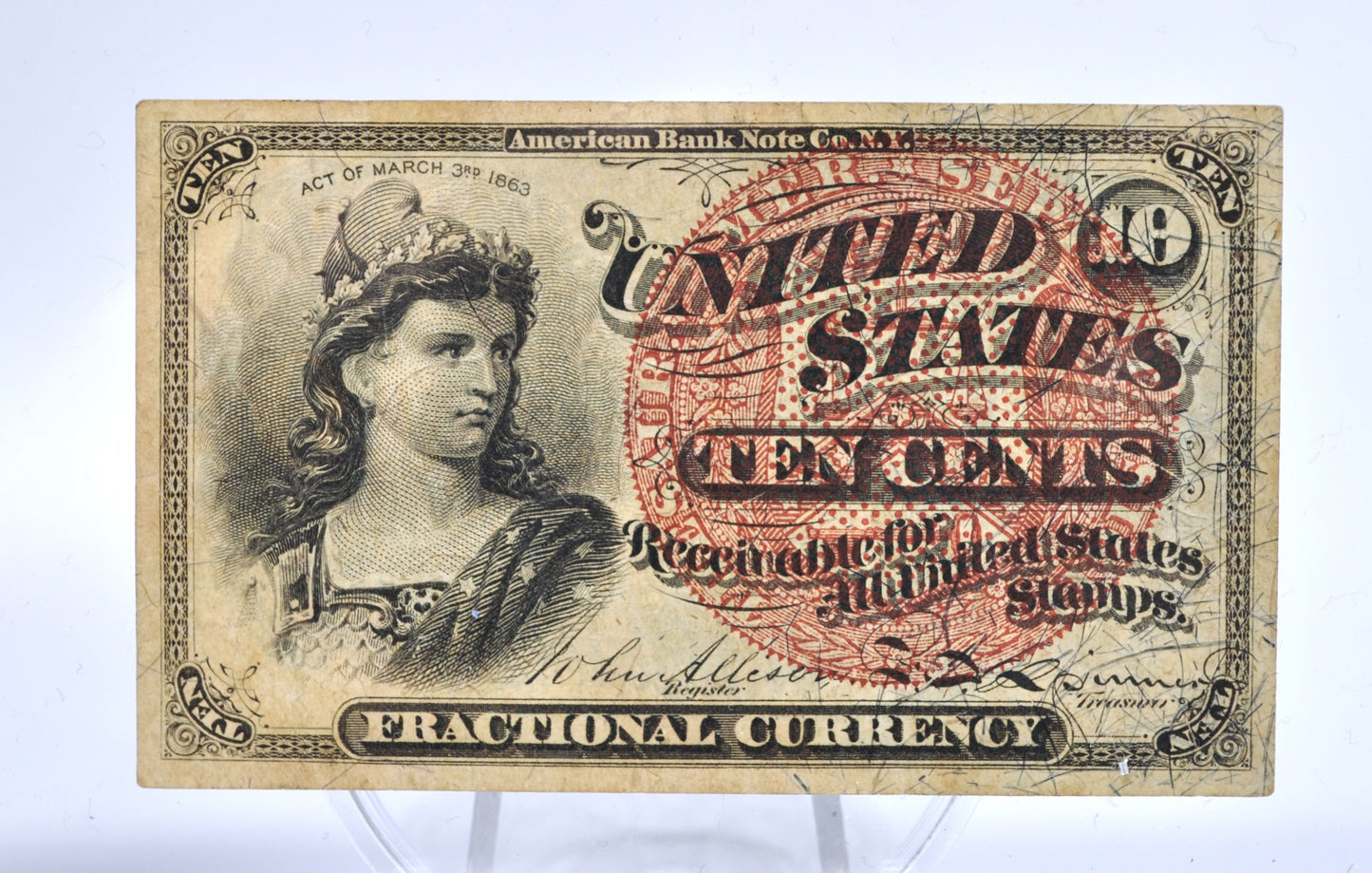 Authentic 10 Cent Fourth Issue Fractional Note - Large Seal, Blue End Tint - 1863 Fractional 4th Issue Ten Cent Note - Fr#1259 (Copy)