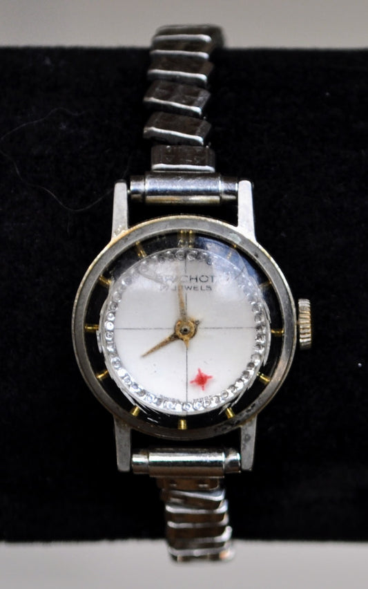 Awesome Silver Tone Brichot Kaleidescope Rhinestone Bullseye Watch - 17-Jewels Manual Movement - Expansion Band - Working!